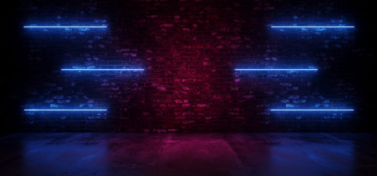 Retro Neon Sci Fi Modern Futuristic Neon Glowing Blue Line Lights On Grunge Brick Purple Glowing Wall Concrete Reflection Floor Dark Room Empty 3D Rendering © IM_VISUALS
