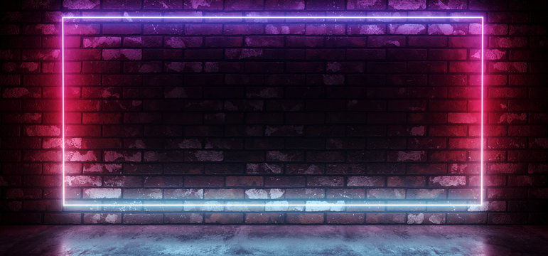 Club Neon Sci Fi Retro Futuristic Glowing Rectangle Frame Shaped Gradient Glowing Pink Purple Blue Light On Grunge Brick Wall Concrete Reflective Floor Dark Room 3D Rendering
