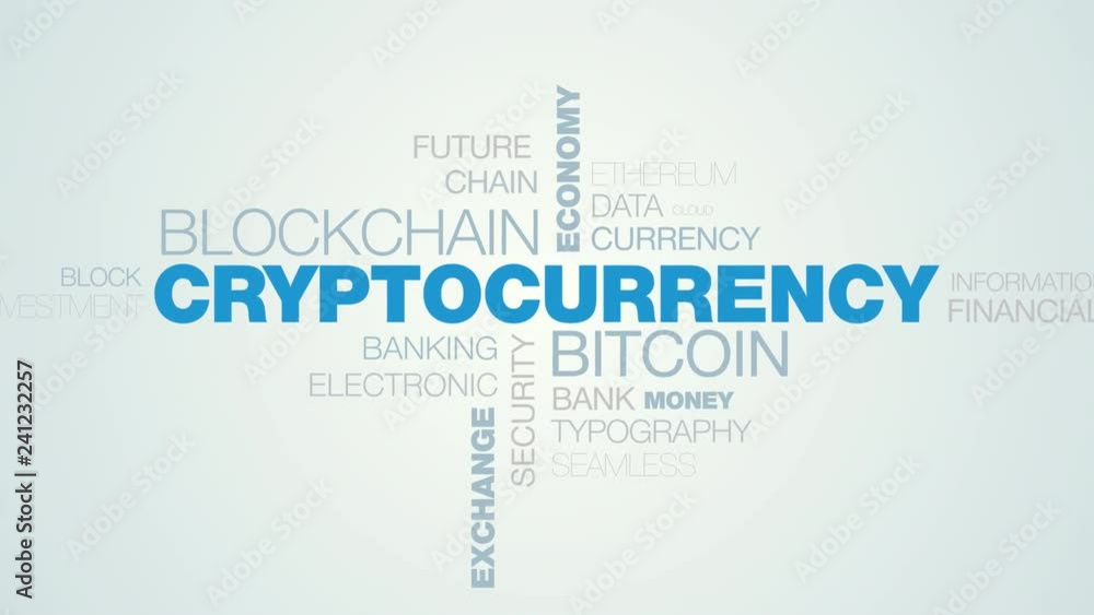 Poster cryptocurrency bitcoin blockchain innovation technology word cloud apear on the white blue gradient 