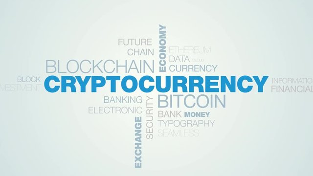 cryptocurrency bitcoin blockchain innovation technology word cloud apear on the white blue gradient background, also used animated mining digital exchange business word as background in uhd 4k 3840