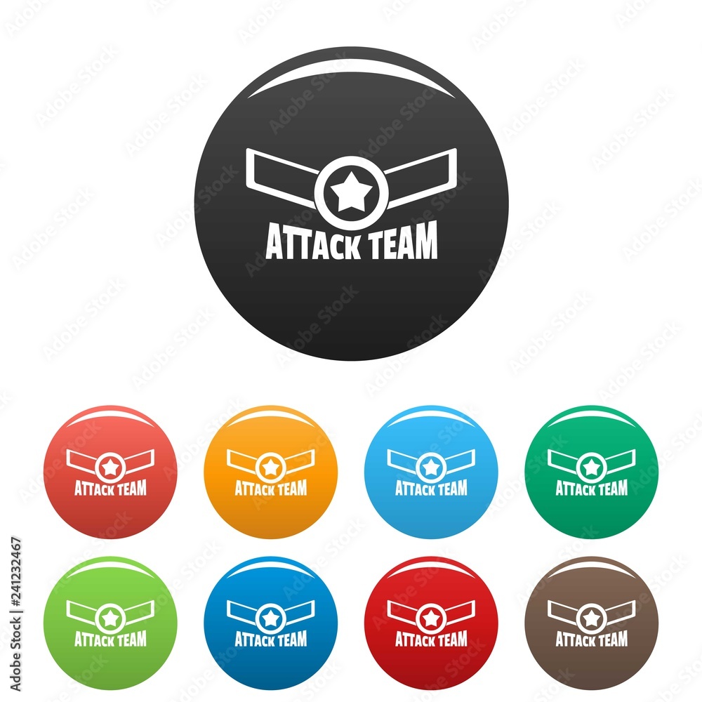 Sticker attack star team icons set 9 color vector isolated on white for any design