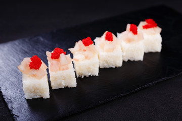seafood restaurant menu, pressed sushi with cream cheese, scallop and caviar, Japanese food art, delicacy, banquet 