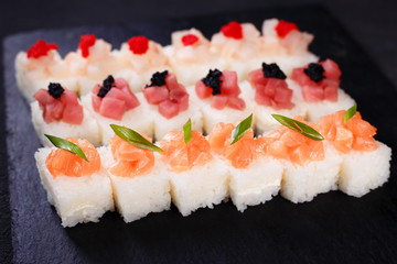 Delicious pressed sushi with cream cheese, tuna, scallop and salmon, Japanese food art
