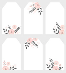 Lovely Floral Vector Tags Set. Pink Abstract Flowers, Gray Twigs and Leaves. Cute Infantile Style  Design. White Background. Pink Bouquets. Adorable Do It Yourself Candy Bar Set. 