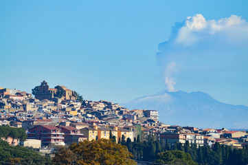 View of Mazzarino with the Mount Etna in the Background, Caltanissetta, Sicily, Italy, Europe