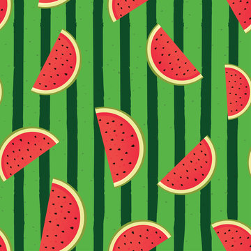 Watermelon seamless pattern. Green watermelon striped background. Seamless background watermelon slices on green stripes