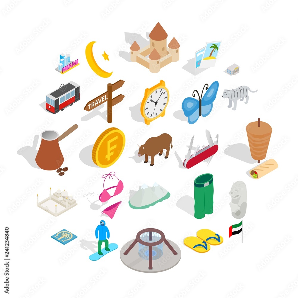 Poster relaxing in europe icons set. isometric set of 25 relaxing in europe vector icons for web isolated o