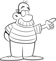 Black and white illustration of a man with a big moustache pointing.