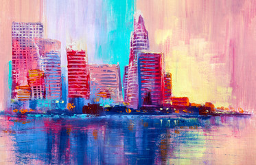 Obraz premium Malarstwo abstrakcyjne miejskich drapaczy chmur.