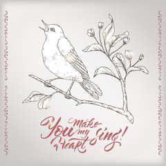 Valentine romantic card with singing bird and brush lettering saing You make my heart sing.