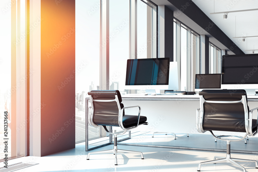 Poster pcs with big blank monitors on tables. open workspace at office. 3d rendering.
