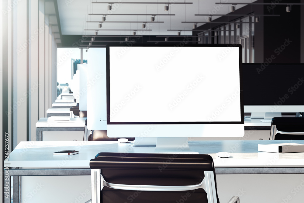 Aufkleber blank white monitor, keyboard and computer mouse at desk. 3d rendering.