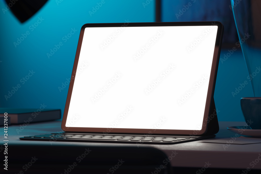 Poster tablet with blank white screen and keyboard, on table. workspace. 3d rendering.