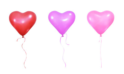 Fototapeta na wymiar Valentine's Day balloons. Set of realistic helium balloons of heart shape and ribbons.