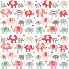 Cute red and green grown up and baby elephants with colorful hearts on white background