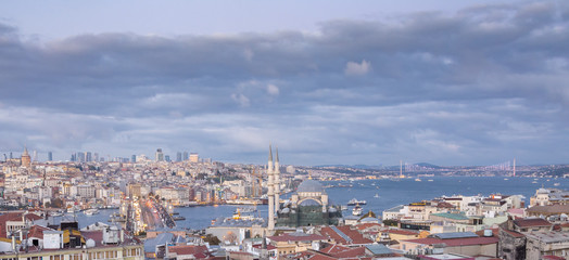 Obraz premium Istanbul, Turkey. 10-November-2018. Panorama of Istanbul city and some landmarks: blue mosque, galata tower and Bosphorus river