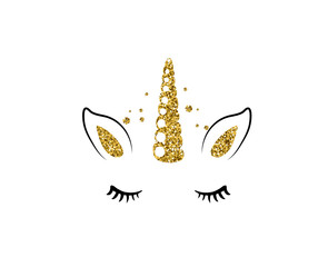Unicorn cute vector illustration isolated on white background. Fashion girl patch with horse head, golden horn, ears and eyes © zaie