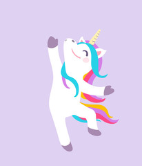 Cute dancing unicorn vector isolated on purple background. Cool patch illustration © zaie