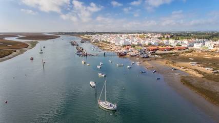 Aerial. View from the sky at the village Santa Luzia, Tavira, Portugal.