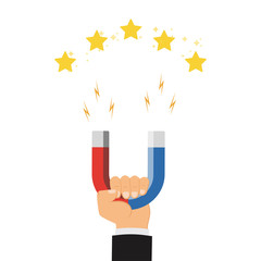 The concept of attracting desires. Human hand holding a magnet. Attracting success. Vector illustration.