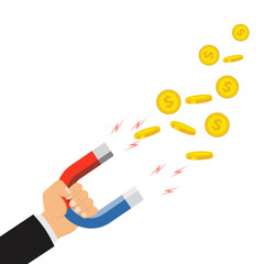  The concept of attracting desires. Human hand holding a magnet. Attracting money, investment, magnet attracting finance. Vector illustration.