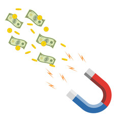  The concept of attracting desires. Human hand holding a magnet. Attracting money, investment, magnet attracting finance. Vector illustration.