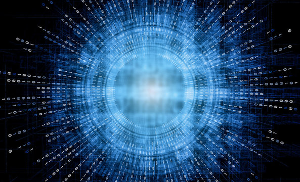 Abstract futuristic digital system technology background, HUD interface from the binary code of the matrix in background of the embossed cube in space.