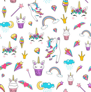 Cute unicorn seamless pattern background vector with horse, cupcake, head, heart, rainbow, diamond, clouds isolated on white