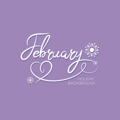 February. The name of the month with hearts and snowflakes on a lilac background. Lettering. Design for poster, advertisement, calendar.