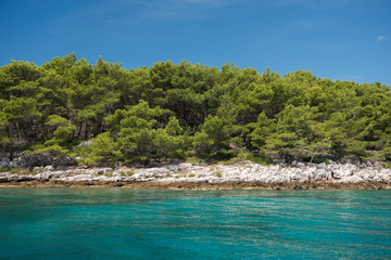 Beautiful coastline with green forest, stones and blue sky and sea water. Natural wallpaper. Adriatic coastline. Croatia. Mediterranean sea.