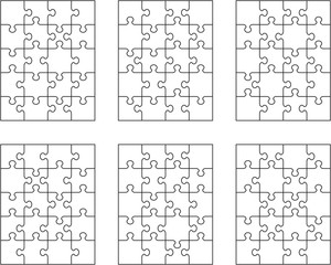 Vector illustration of six different white puzzles, separate pieces