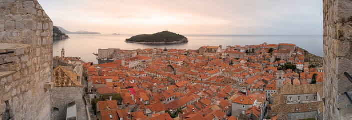 Panoramic view of the famous medieval adriatic city of Dubrovnik, Croatia, from the center of the walls, surrounding the old town