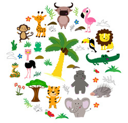 African animals roun set with trees and leaves. Vector illustration. Cartoon style.