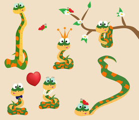 4 poses of cute nice snakes. Cartoon. Vector illustration.