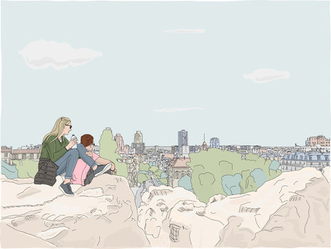 In Paris, a young couple climbs to the top of the hill in Parc des Buttes Chaumont, to view the cityscape from above, Hand drawn illustration.