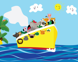 Summer trip on the ship. African animals. Cartoon style.