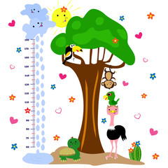 Children height meter with cute birds and monkey. Vector illustration.