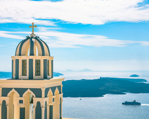 Travel Greece, Santorini traditional church overlooking the Caldera