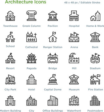 Architecture Icons - Outline styled icons, designed to 48 x 48 pixel grid. Editable stroke.