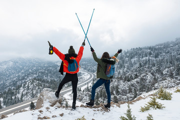 female young climbers and joy of summit