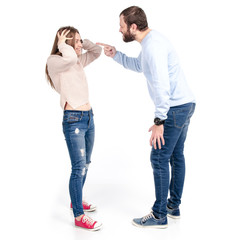 man infuriates woman laugh on white background isolation