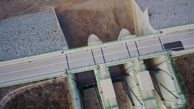 Aerial. Portuguese hydroelectro dam Odelouca, in mountains of Monchique. Algarve Portugal