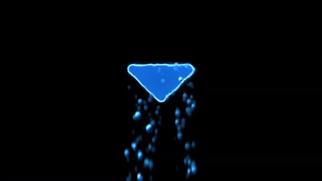 Liquid symbol caret down appears with water droplets. Then dissolves with drops of water. Alpha channel black