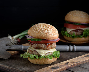  burger with two fried cutlets, cheese and vegetables