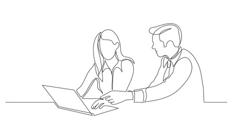 manager helping employee pointing at laptop computer - one line drawing