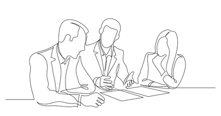 business partners discussing details of work contract - one line drawing