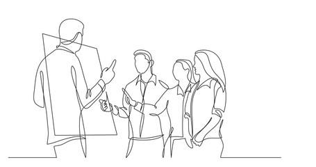 modern startup team members discussing near whiteboard - one line drawing