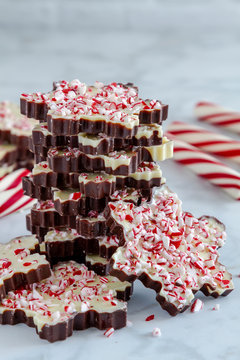 Snowflake shaped chocolate peppermint bark candies