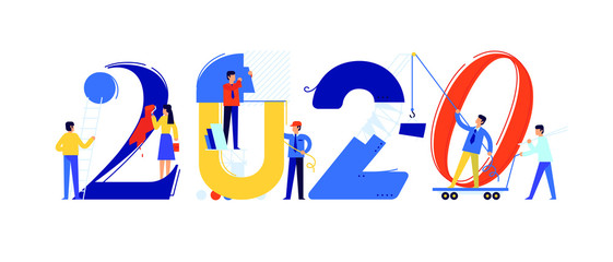 Office staff are preparing to meet the new year 2020. Vector illustration. Cartoon characters repair the numbers. Image is isolated on white background. Flat illustration for banner and site.
