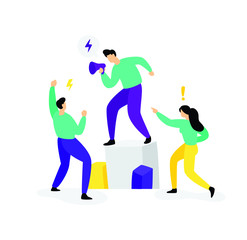 Illustration of a man with a megaphone, among associates. Vector. The boss is motivating the team. Protest movement Crisis manager. Conflicts in the office. Dispute between employees. Meeting managers